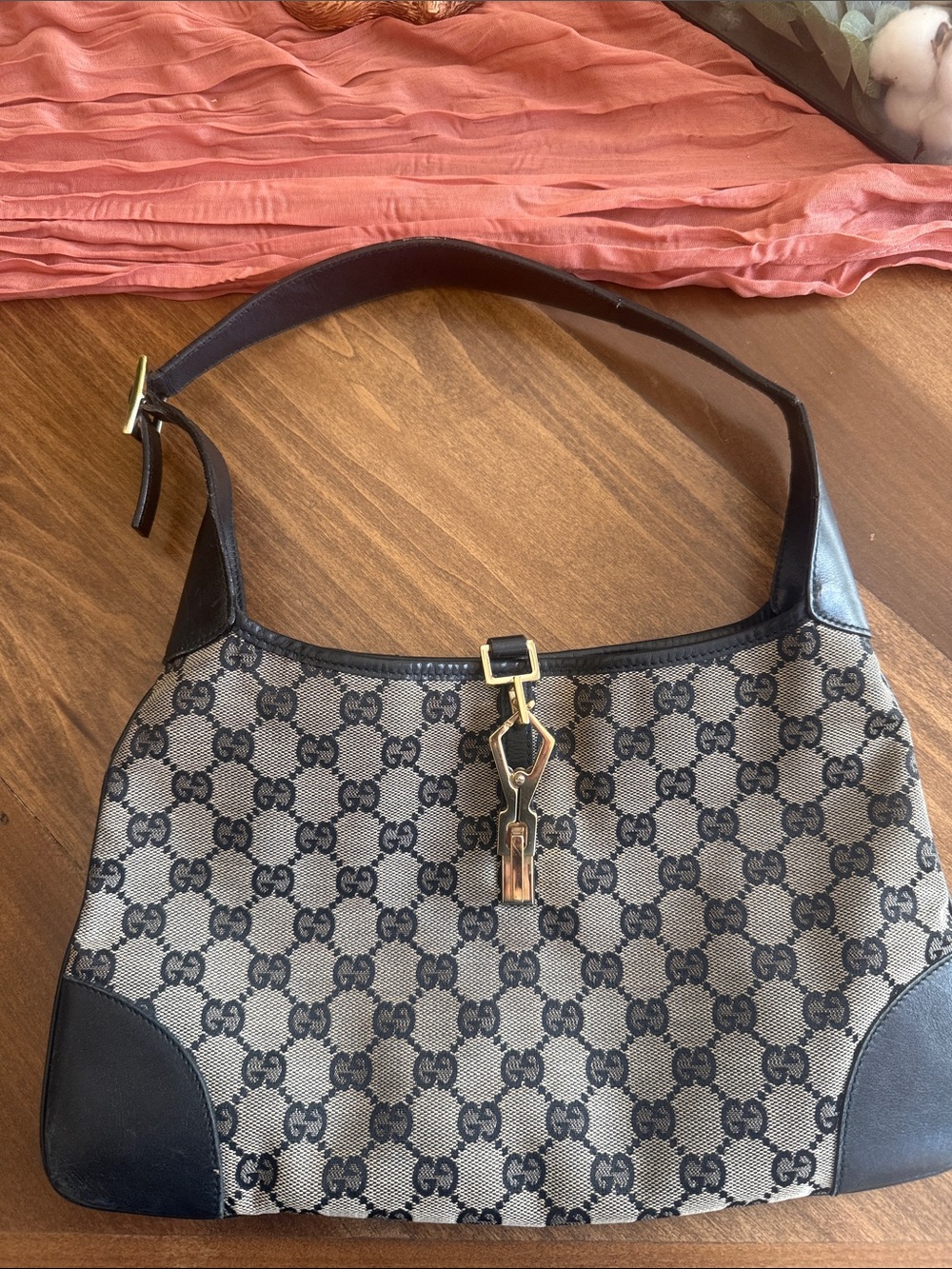 Gucci Beige/Black Monogram Jackie Shoulder Bag with Gold-Tone Hardware